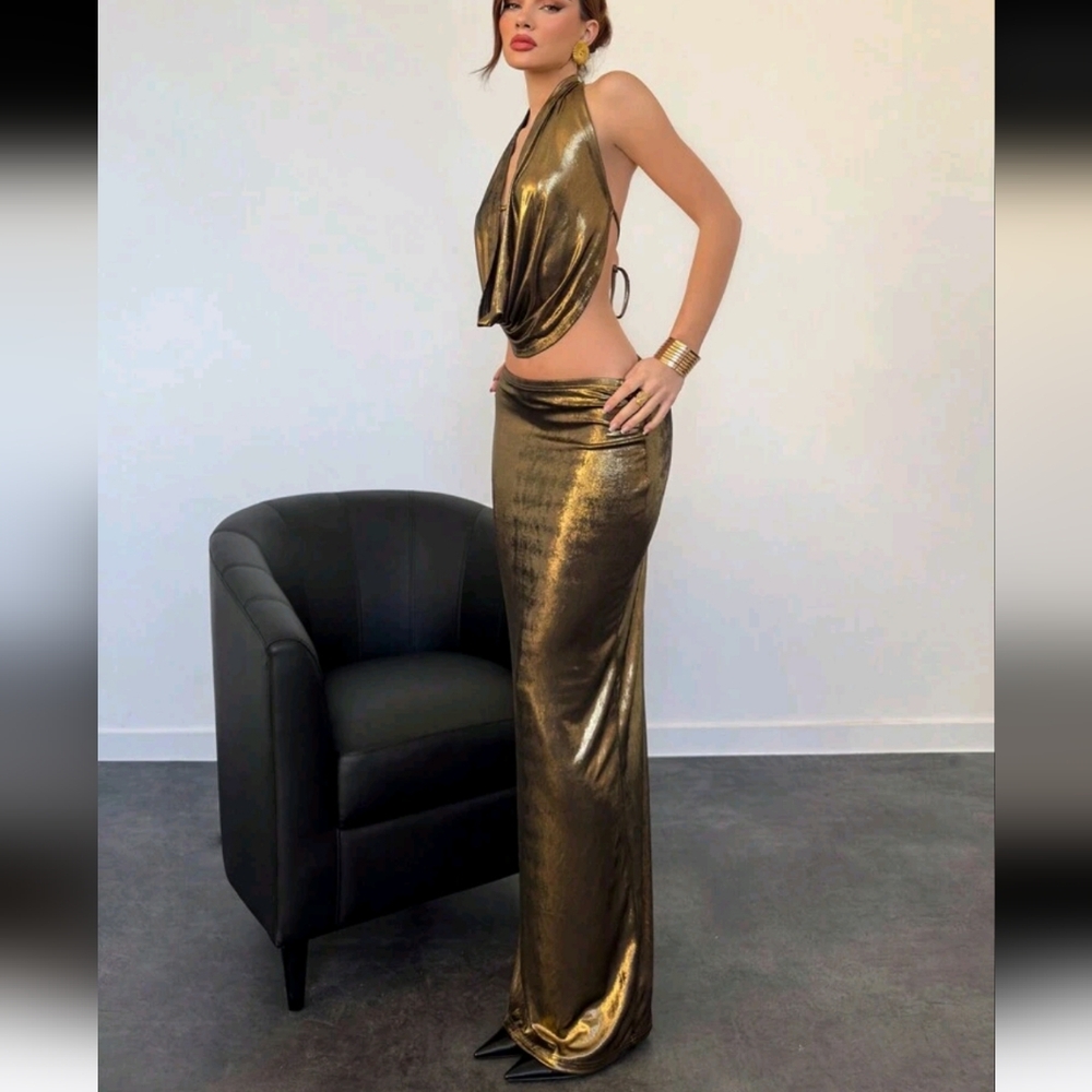 Party Halter Deep Draped Neck Backless Crop Top + Low-Waist H-Line Long Skirt - Picture 5 of 5